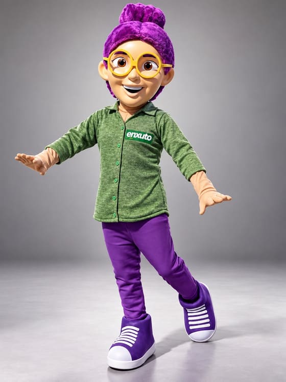 Mascote de jovem com coque roxo, óculos, camisa verde e calça roxa, em pose animada