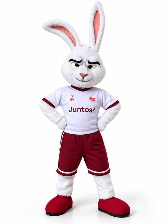 Mascote de coelho branco de orelhas longas, camisa branca e bermuda vinho, com ar confiante