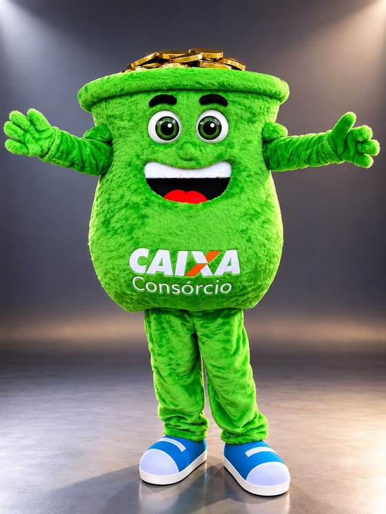 Mascote verde e peludo em formato de cofrinho, com moedas douradas na tampa e braços abertos