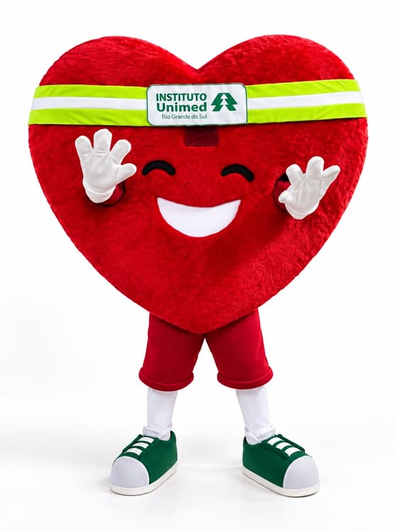 Mascote de coração vermelho com faixa na testa, bermuda vermelha e tênis verde, acenando