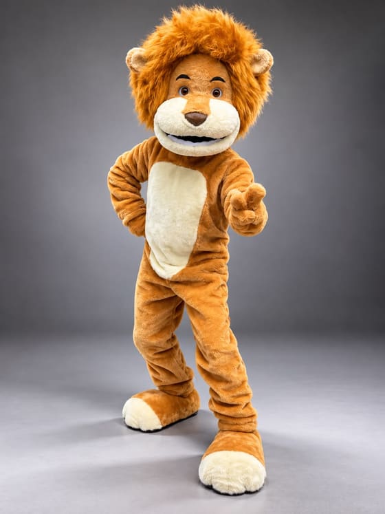 Mascote de leão de juba volumosa e pelúcia caramelo, apontando para a frente