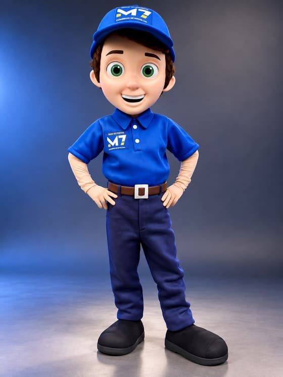 Mascote de rapaz sorridente com boné azul, camisa polo azul e calça escura