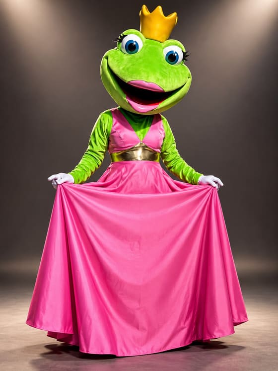 Mascote de sapa verde com coroa dourada e vestido rosa longo, segurando a saia