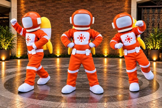Três mascotes de astronauta laranja dançando juntos num palco iluminado